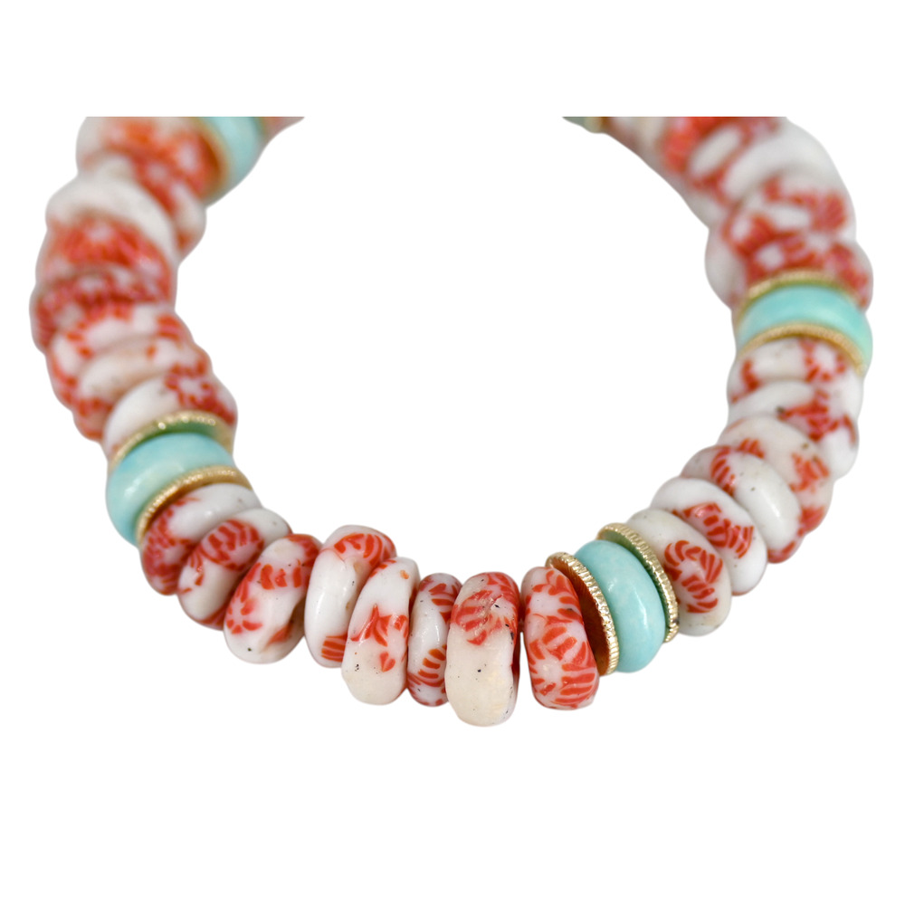 Akola Egypt Glass Bone Beaded Stretch Bracelet Red White Light Blue - Picture 3 of 6
